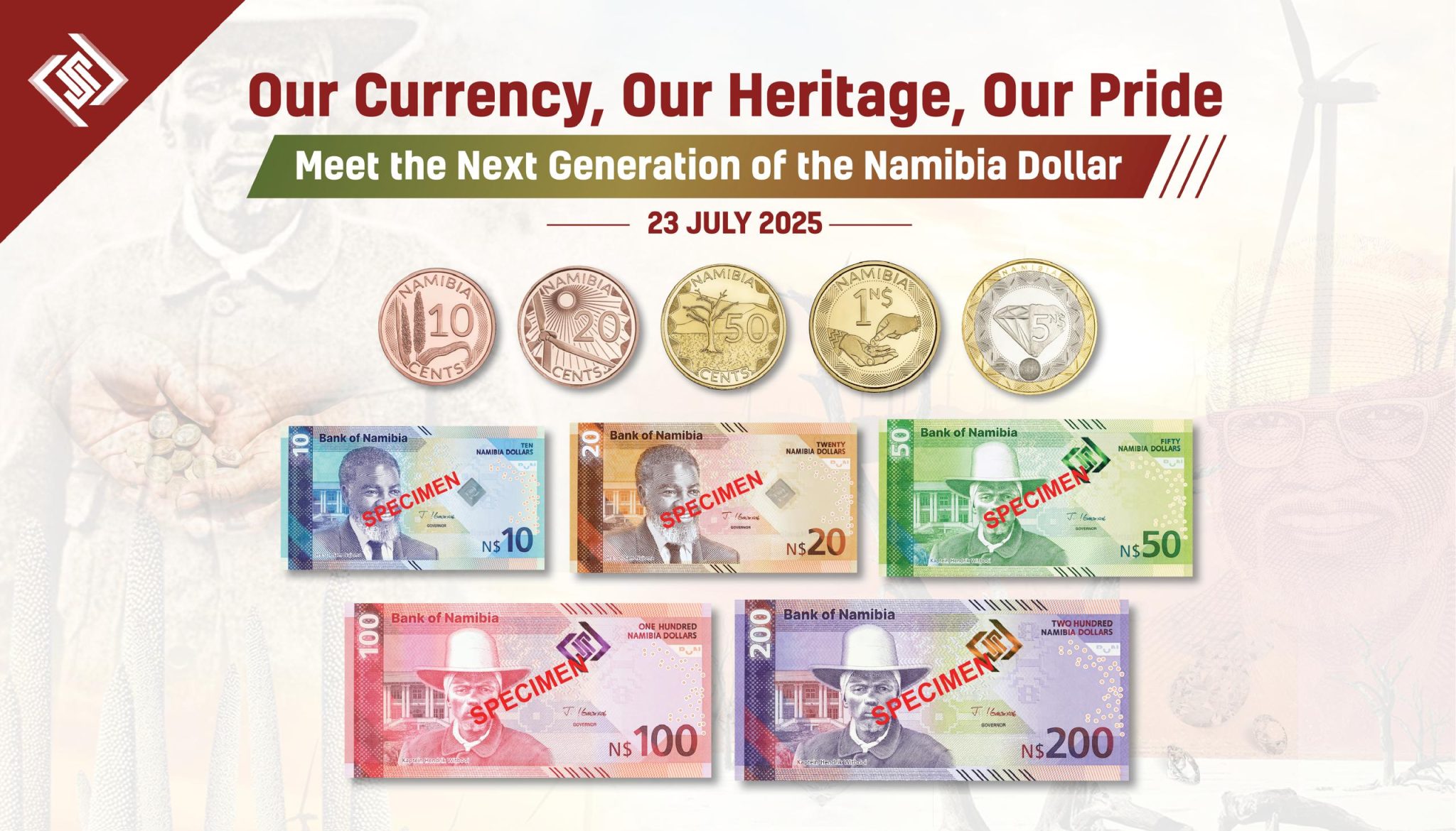 Namibia Dollar notes and coins as of 2025; © Bank of Namibia